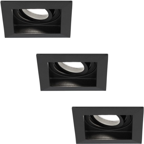 Set de 3 spots encastrables LED Fresno Dimmable - Inclinables - 5 Watt - Blanc lumière du jour 6000K - 400 Lumen - Zwart - Carré - Spot plafond intérieur IP20