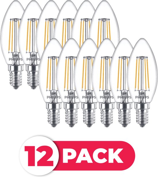 PHILIPS LED Filament MULTIPACK 12x B35 - 4.3W E14 Wit Chaud 2700K | Remplace 40W