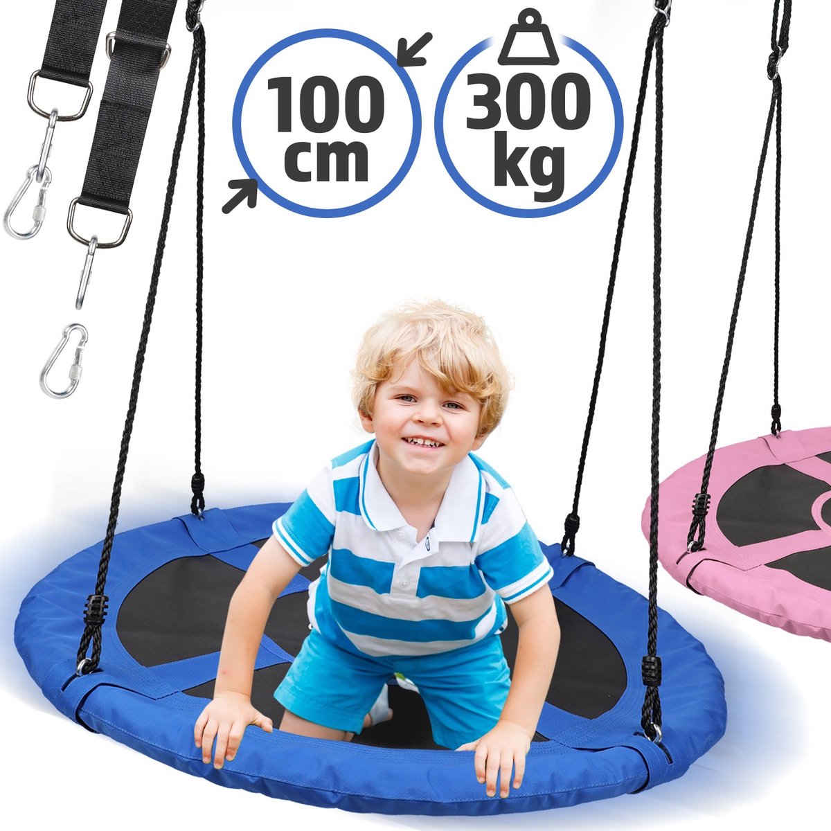 Physionics - Nestschommel voor Buiten/Binnen - Maximale Belasting 300kg - Diameter 100cm - Ronde schommel - Bordschommel - Tuinschommel - Hangschommel - Schommel voor meerdere kinderen - Blauw