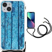 Shockproof Case Geschikt voor iPhone 14 Plus Telefoonhoesje met doorzichtige rand Wood Blue
