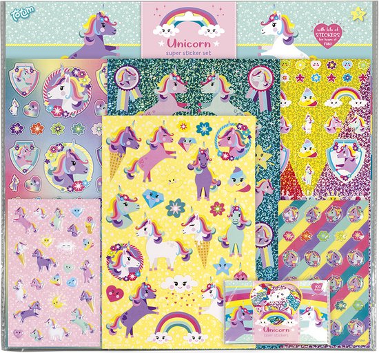 Totum Unicorn speelgoed stickers XL super sticker set 7 stickervellen - incl. metallic en 3D puffy stickers met eenhoornthema 38 x 36 cm