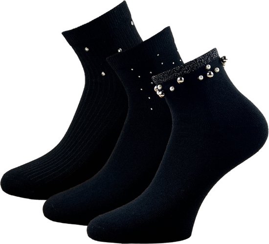 3 paires de chaussettes femme festives avec perles et pierres - Zwart -  Taille 36-42 | bol.com