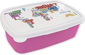 Broodtrommel Roze - Lunchbox - Brooddoos - Wereldkaart - Letters - Kleuren - Kids - Jongetjes - Meiden - 18x12x6 cm - Kinderen - Meisje