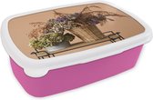 Broodtrommel Roze - Lunchbox - Brooddoos - Gedroogde bloemen - Manden - Stilleven - 18x12x6 cm - Kinderen - Meisje