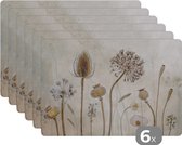 Placemat - Placemats kunststof - Bloemen - Waterverf - Stilleven - Bruin - Vintage - 45x30 cm - 6 stuks - Hittebestendig - Anti-Slip - Onderlegger - Afneembaar