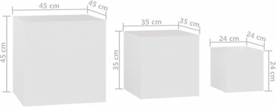 Afmetingen van drie witte vierkante kubussen: 45 cm bij 45 cm bij 45 cm, 35 cm bij 35 cm bij 35 cm en 24 cm bij 24 cm bij 24 cm.