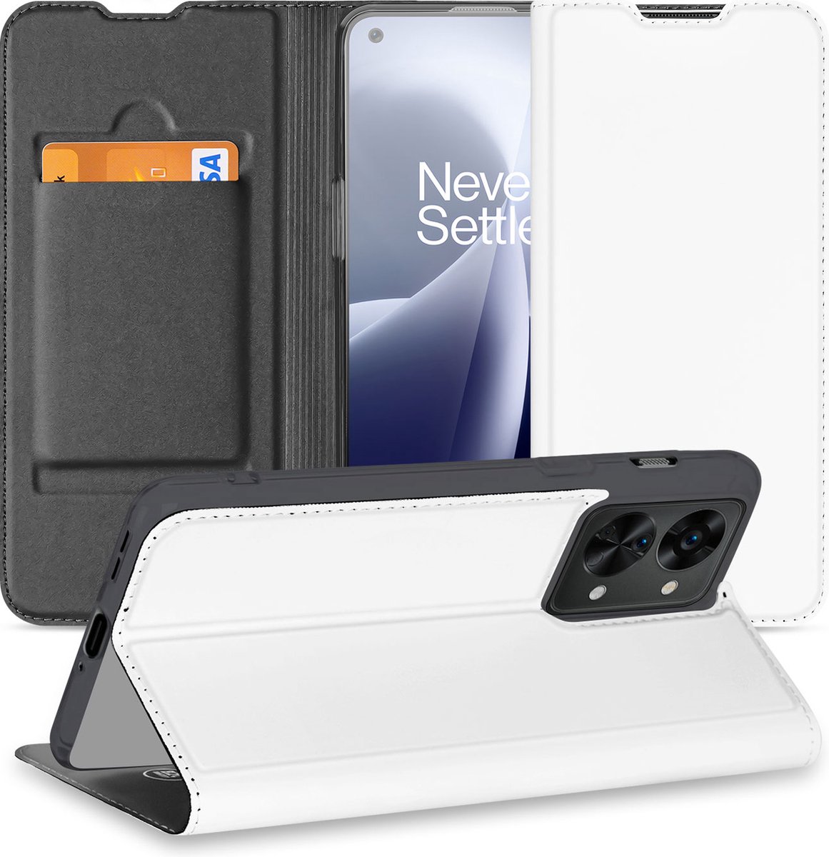 Hoesje OnePlus Nord 2T Bookcase Wit met Pashouder en Standaard