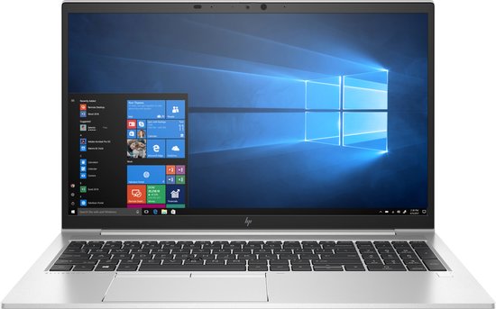 Zilveren HP EliteBook laptop, van voren gezien met openstaand scherm.