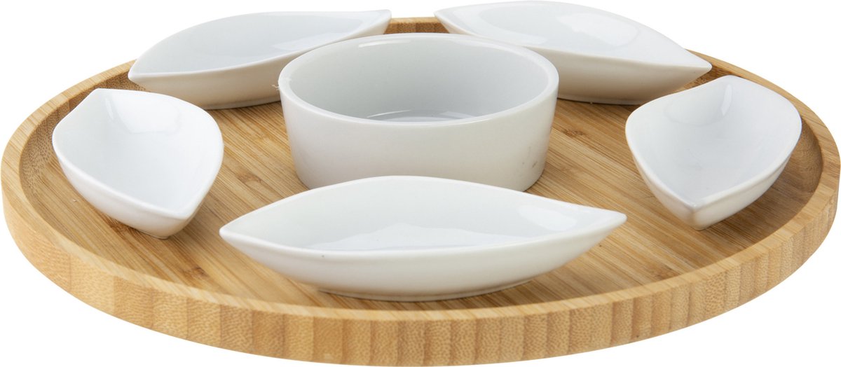 Set van 2x stuks serveerplanken bamboe dia 26 cm met luxe hapjes/saus/tapas keramieken schaaltjes — cadeau in Kookcadeaus - foto 2
