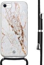 iPhone SE 2020 avec cordon - Or marbré - Rose - Marbre - Cordon noir détachable - Coque transparente avec imprimé - Antichoc - Casimoda