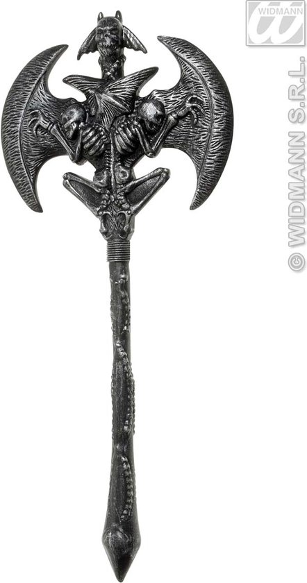 Zilverkleurige strijdbijl met vleermuisvleugels, skeletten en schedel, met Widmann S.R.L. logo.