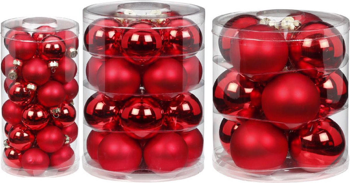 62x stuks glazen kerstballen rood mix 4, 6 en 8 cm glans en mat - Kerstversiering/kerstboomversiering