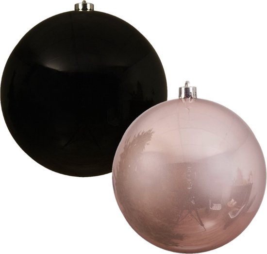 2x grosses boules de Noël de 20 cm brillant en plastique rose et noir - Décorations de Noël