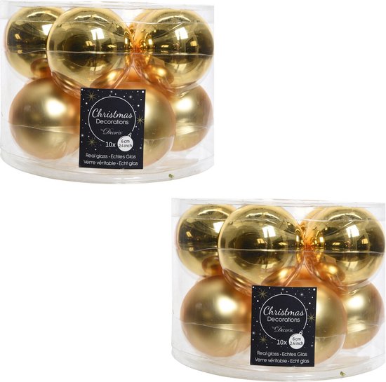 20x Boules de Noël en verre doré 6 cm - brillant et mat - brillant / brillant - Décorations pour sapins de Noël or