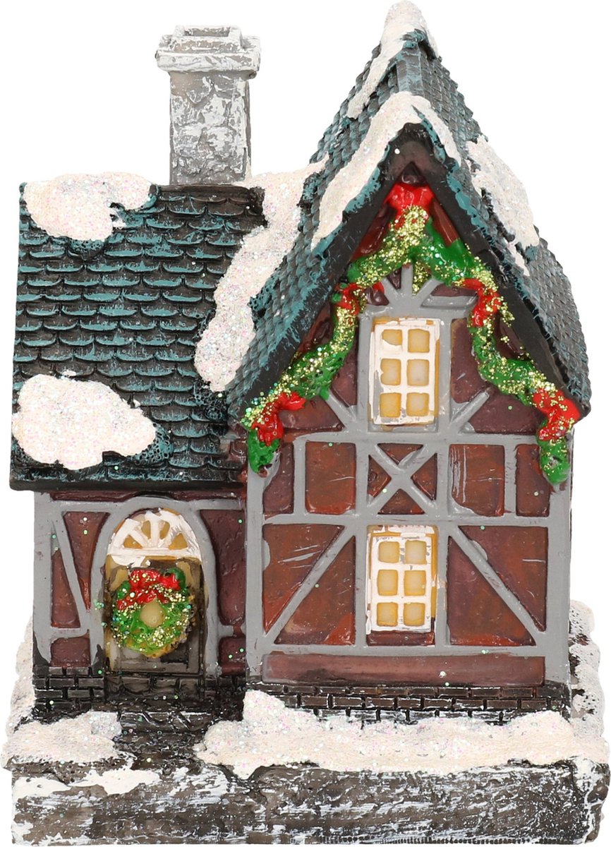 Kersthuisje met grijze schoorsteen, 14 cm hoog, gemaakt van Polystone, inclusief verlichting - kerstversiering.