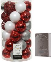 Kerstversiering mix pakket kunststof kerstballen zilver/rood/wit 37x stuks 6 cm met zilverkleurige ophanghaakjes