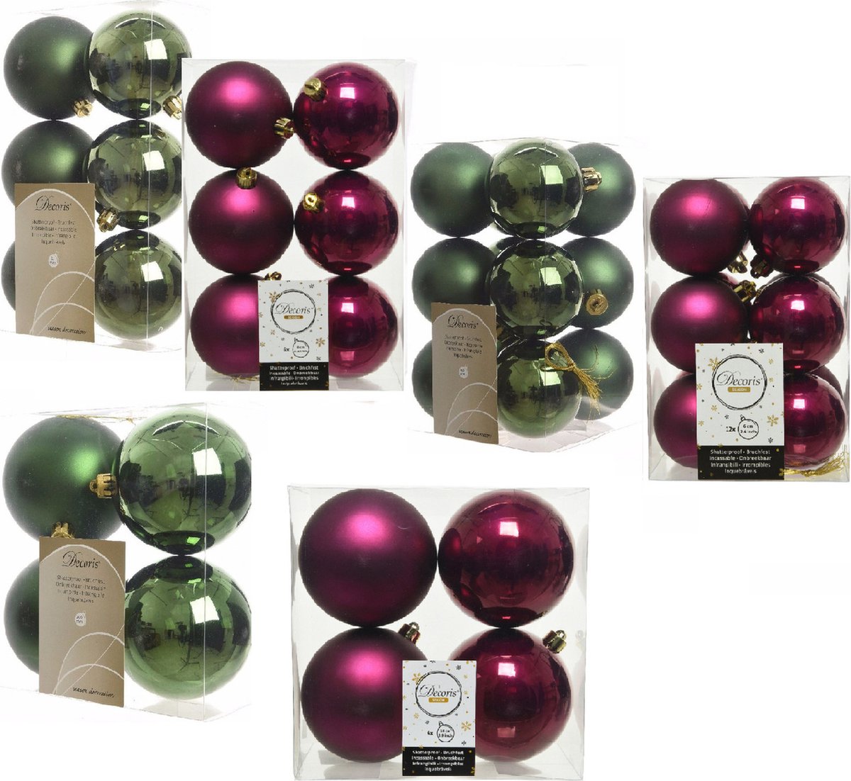 Kerstversiering kunststof kerstballen kleuren mix framboos roze/donkergroen 6-8-10 cm pakket van 44x stuks