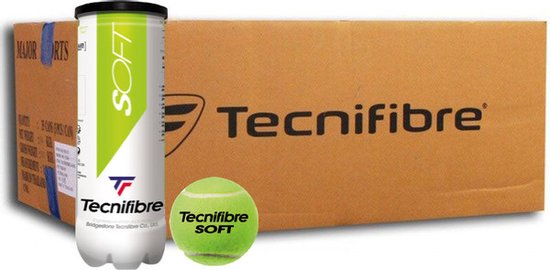 Blik en tennisbal met "Tecnifibre SOFT" tekst, naast een kartonnen doos.