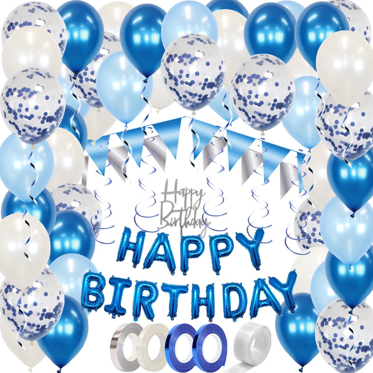 Blauwe & Witte Helium Ballonnen Slingers Verjaardag Versiering Happy Birthday Ballon Kinder Feestpakket Blauw - 53 St - Q2P
