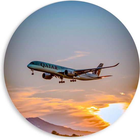 WallClassics - Cercle Mural en Plaque de Mousse PVC - Avion Volant Bas Blauw avec Soleil - 80x80 cm Photo sur Cercle Mural (avec système d'accrochage)