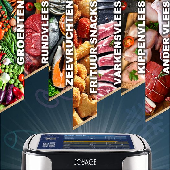 Collage van verse ingrediënten, waaronder groenten, vlees en vis, bovenop een airfryer met een digitaal display met kooktijden.
