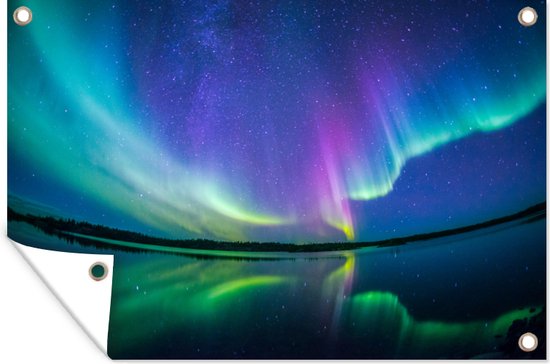 Affiche de jardin Aurores boréales avec reflet 120x80 cm - Toile de jardin / Toile d'extérieur / Peintures d'extérieur (décoration de jardin)