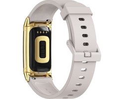 By Qubix - Compatible Fitbit bandje - Geschikt voor Fitbit Charge 5 - Fitbit Charge 6 Extra soft siliconen bandje - Lichtgrijs + gouden connector - Horlogeband - smartwatchbandje