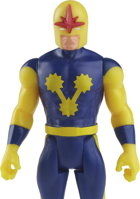 Nova actiefiguur, close-up. Blauw pak met gele accenten, ster-logo op de borst en gele helm.