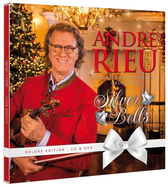 André Rieu in rood jasje met viool, in feestelijke kerstsfeer. "Silver Bells Deluxe Edition CD & DVD".