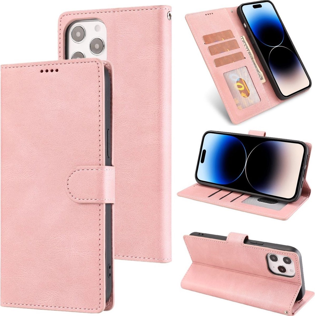 Mobigear Telefoonhoesje geschikt voor Apple iPhone 14 Pro Hoesje | Mobigear Wallet Bookcase Portemonnee | Pasjeshouder voor 3 Pasjes | Telefoonhoesje voor Pinpas / OV Kaart / Rijbewijs - Roségoud