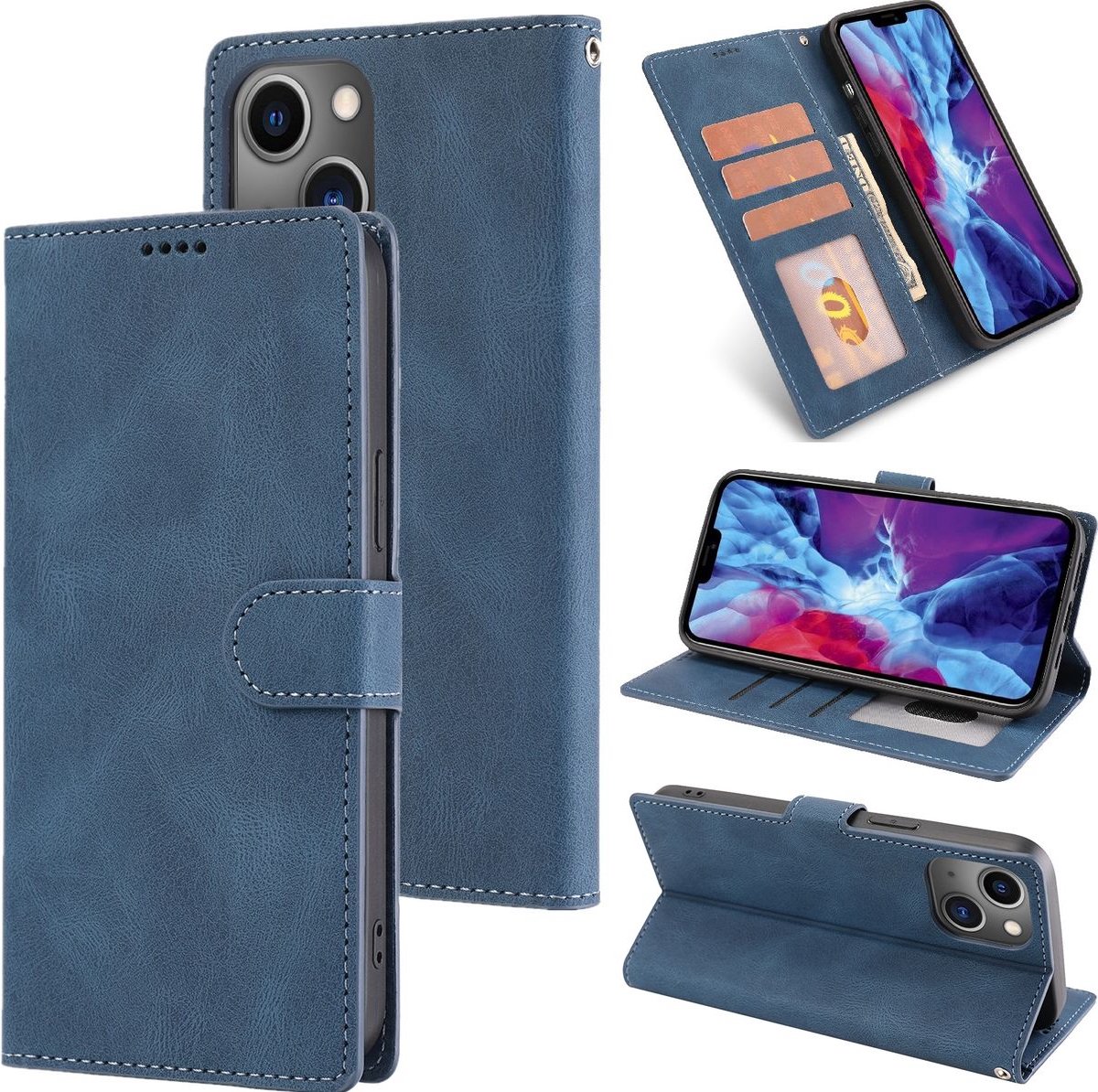 Mobigear Telefoonhoesje geschikt voor Apple iPhone 14 Hoesje | Mobigear Wallet Bookcase Portemonnee | Pasjeshouder voor 3 Pasjes | Telefoonhoesje voor Pinpas / OV Kaart / Rijbewijs - Blauw