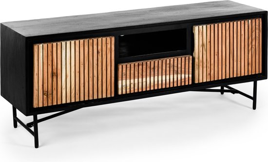 Viking - TV-meubel - 140cm - acacia - naturel - 2 deuren - 1 lade - 1 nis - staal - zwart