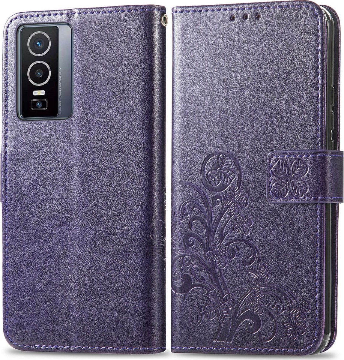 Mobigear Telefoonhoesje geschikt voor Vivo Y76 Hoesje | Mobigear Clover Bookcase Portemonnee | Pasjeshouder voor 3 Pasjes | Telefoonhoesje voor Pinpas / OV Kaart / Rijbewijs - Paars