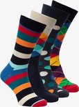 Vier paar Happy Socks: gestreept blauw, ruiten met groene, turquoise en witte stippen, ruiten met bordeaux en oranje en diamanten met geel en paars.