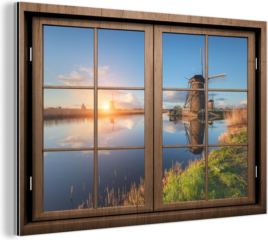 Aluminium schilderij 30x20 cm - Wanddecoratie metaal - Doorkijk - Molen - Zonsondergang - Metalen muurdecoratie woonkamer - Decoratie industrieel - Foto op dibond - Industriële accessoires slaapkamer