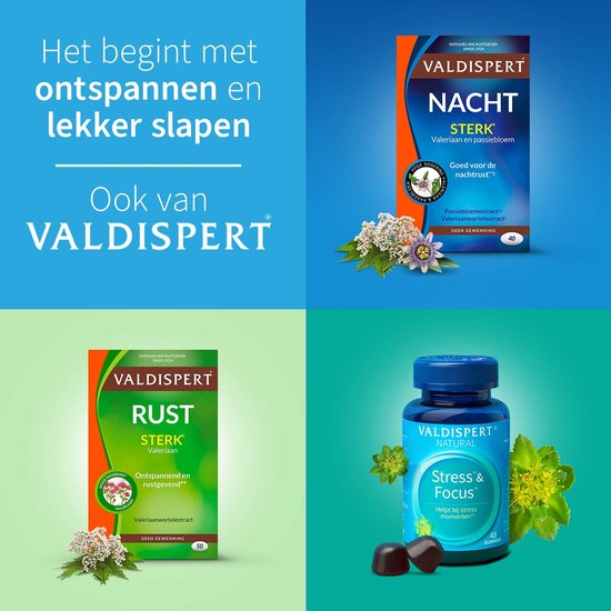 Collage met Valdispert producten: nacht en rust met citroenmelisse en valeriaan, en stress & focus gummies.