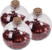 3x Boules de Noël transparentes avec étoiles rouges 8 cm - Boules de Noël incassables - Décorations pour sapin de Noël rouge