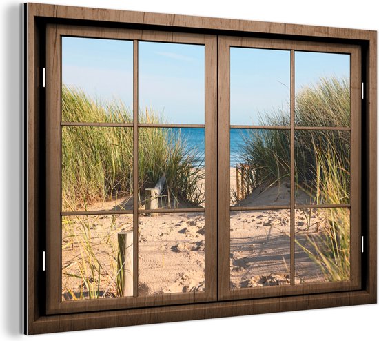 Wanddecoratie Metaal - Aluminium Schilderij Industrieel - Doorkijk - Strand - Gras - 30x20 cm - Dibond - Foto op aluminium - Industriële muurdecoratie - Voor de woonkamer/slaapkamer