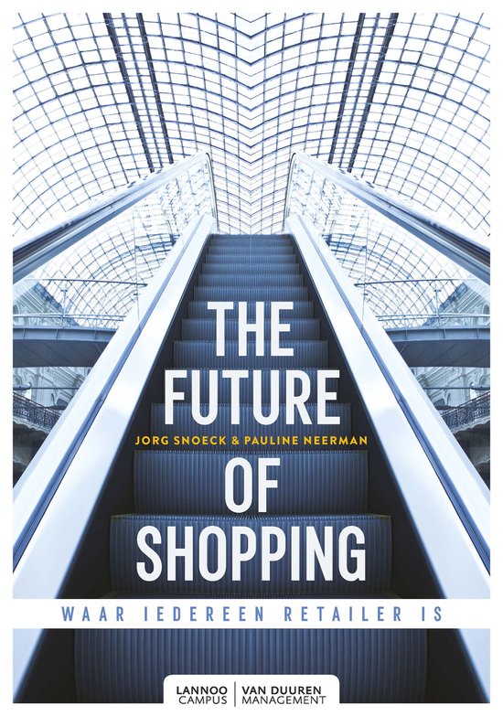 De voorkant van het boek 'The Future of Shopping'. Een opwaartse symmetrische opname van een roltrap in een glazen winkelcentrum.