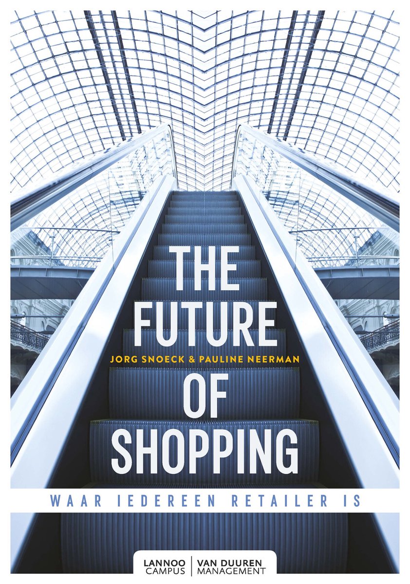 De voorkant van het boek 'The Future of Shopping'. Een opwaartse symmetrische opname van een roltrap in een glazen winkelcentrum.