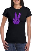 Toppers Zwart Flower Power t-shirt paarse glitter peace hand dames - Sixties/jaren 60 kleding XL