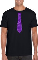 Zwart fun t-shirt stropdas met paarse glitters heren - Themafeest/feest kleding XXL