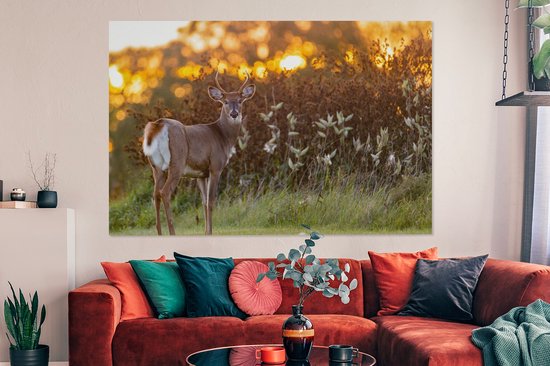 Canvas - Hert - Heide - Natuur - Zonsondergang - Schilderijen op canvas - Landschap - 150x100 cm - Canvas schilderij dieren - Foto op canvas