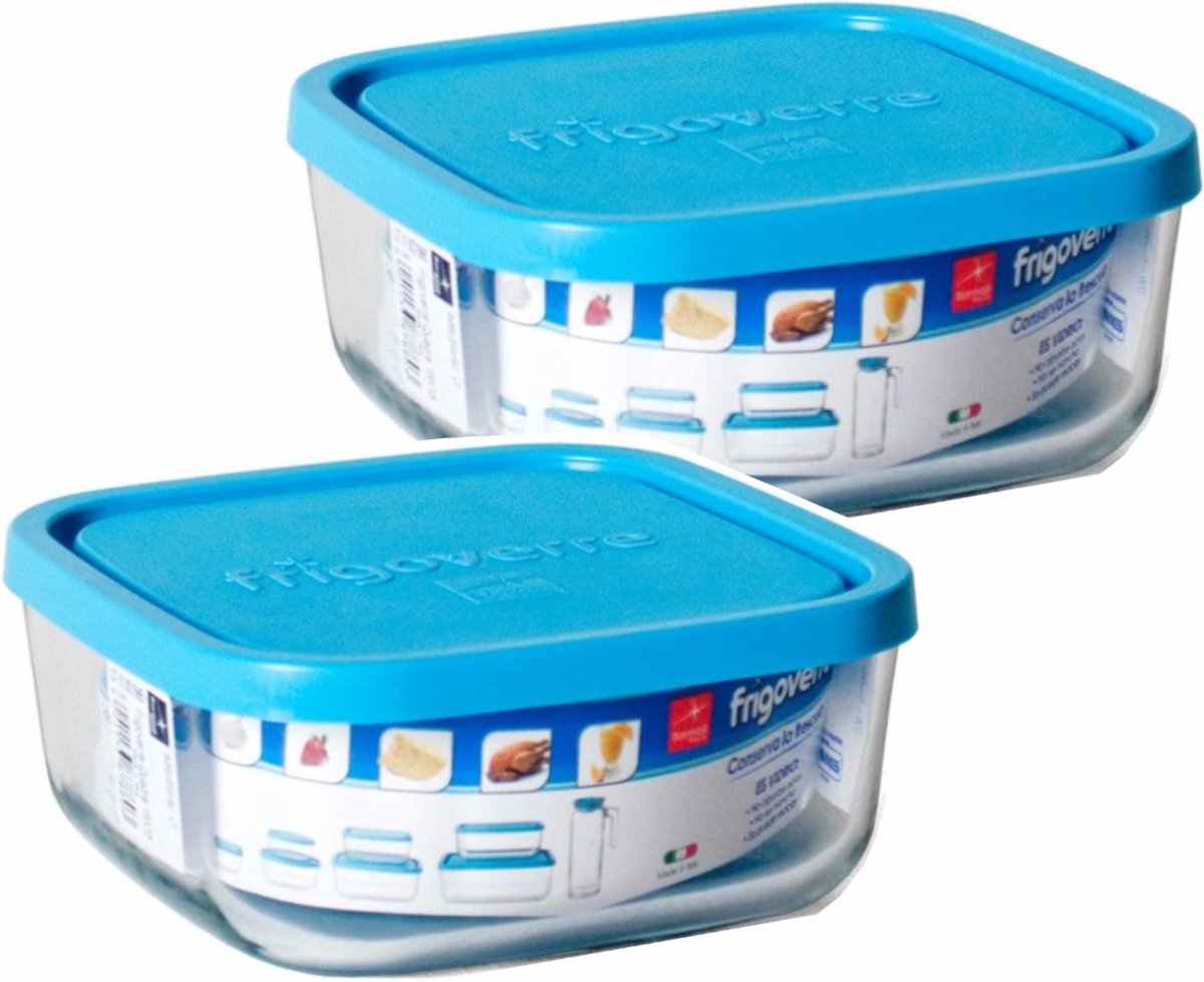 Bormioli Rocco Bewaarbakje/vershoudbakje Vigo - 2x - glas - vierkant - met deksel - 340 ml - meal prep
