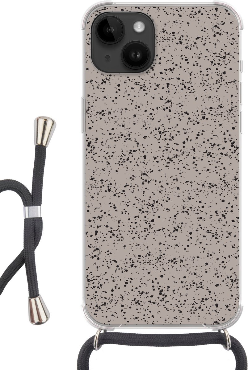 Telefoonkoord - Telefoonketting - Telefoonhoesje Geschikt voor Apple Iphone 14 - Stippen - Zwart - Grijs - Siliconen - Crossbody - Telefoonhoesje met koord Telefoonhoesje