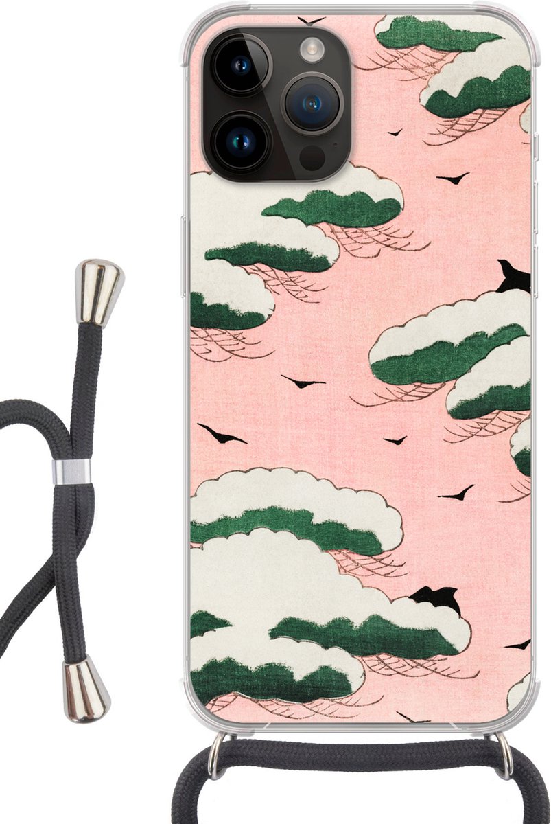 Telefoonhoesje Geschikt voor Apple Iphone 14 Pro Max - Retro - Wolk - Vogel - Lucht - Japans - Siliconen - Crossbody - Backcover met Koord - Telefoonhoesje met koord - Hoesje met touw Telefoonhoesje