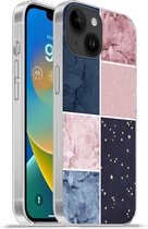 Telefoonhoesje Geschikt voorApple Iphone 14 hoesje - Marmer print - Roze - Blauw - Siliconen Telefoonhoesje