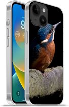 Geschikt voorApple Iphone 14 - Softcase hoesje - IJsvogel - Tak - Veren - Zwart - Siliconen Telefoonhoesje