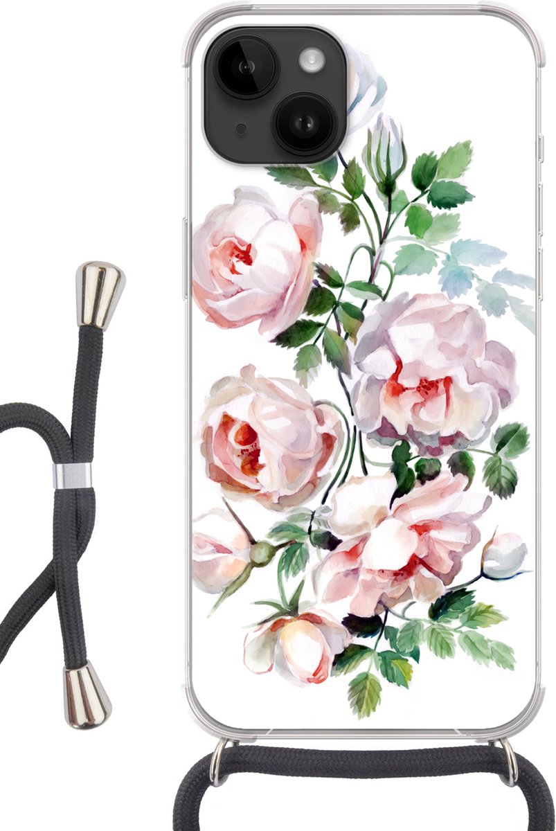 Telefoonhoesje Geschikt voor Apple Iphone 14 - Waterverf - Rozen - Bloemen - Siliconen - Crossbody - Backcover met Koord - Telefoonhoesje met koord - Hoesje met touw Telefoonhoesje