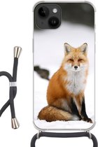 Geschikt voorApple Iphone 14 - Crossbody Case - Vos - Sneeuw - Winter - Siliconen - Crossbody - Backcover met Koord - Telefoonhoesje met koord - Hoesje met touw